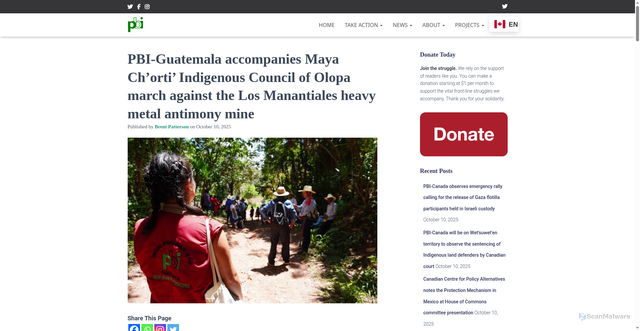 Security scan screenshot of https://pbicanada.org/2025/10/10/pbi-guatemala-accompanies-maya-chorti-indigenous-council-of-olopa-march-against-the-los-manantiales-heavy-metal-antimony-mine/