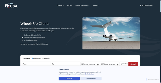 Security scan screenshot of https://flyusa.com/wheels-up/