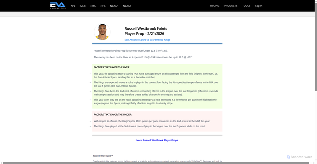 Security scan screenshot of https://evanalytics.com/nba/writenow/player/prop/russell-westbrook-points-player-prop-20260221