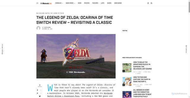 Security scan screenshot of https://www.nintendolink.com/2021/12/18/the-legend-of-zelda-ocarina-of-time-switch-review-revisiting-a-classic/
