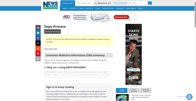 Security scan screenshot of https://www.news-medical.net/drugs/Depo-Provera.aspx