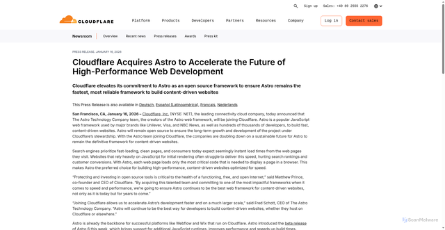 Security scan screenshot of http://185.125.101.76.nip.io/press/press-releases/2026/cloudflare-acquires-astro-to-accelerate-the-future-of-high-performance-web-development/
