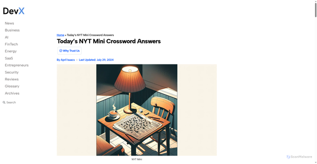 Security scan screenshot of https://www.devx.com/daily-news/todays-nyt-mini-crossword-answers/