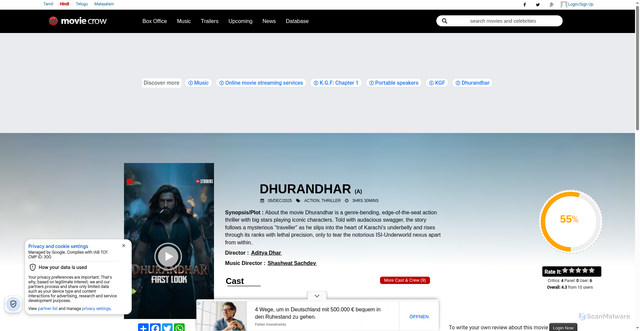 Security scan screenshot of https://www.moviecrow.com/movie/5365/dhurandhar/story