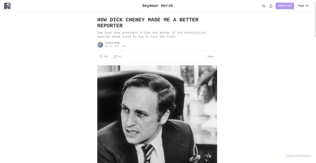 Security scan screenshot of https://seymourhersh.substack.com/p/how-dick-cheney-made-me-a-better