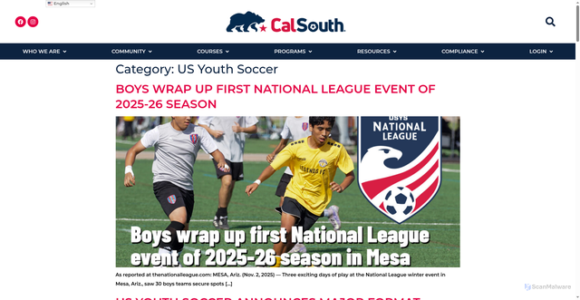 Security scan screenshot of https://calsouth.com/category/us-youth-soccer/