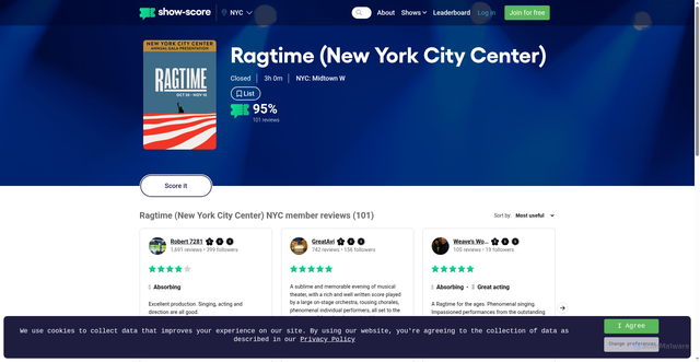 Security scan screenshot of https://www.show-score.com/off-broadway-shows/ragtime-new-york-city-center