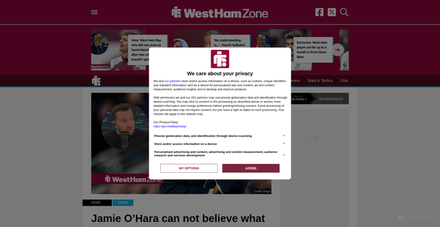 Security scan screenshot of https://www.westhamzone.com/news/jamie-ohara-can-not-believe-what-he-just-saw-west-ham-do-what-am-i-watching/