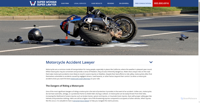 Security scan screenshot of https://www.superwomansuperlawyer.com/legal-services/motorcycle-accidents/