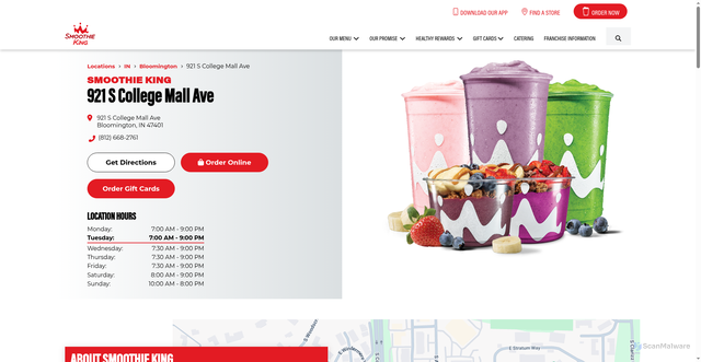 Security scan screenshot of https://locations.smoothieking.com/ll/us/in/bloomington/925-s-college-mall-rd/