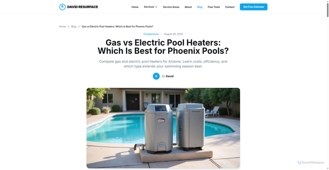 Security scan screenshot of https://lp2601241041-david-resurface-m6rz8v.pages.dev/blog/pool-heater-gas-vs-electric/