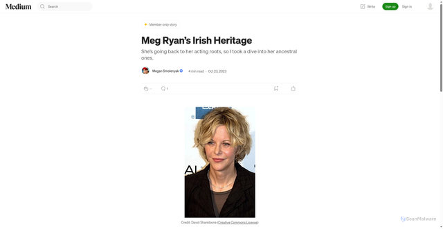 Security scan screenshot of https://smolenyak.medium.com/meg-ryans-irish-heritage-a238cac92a4b