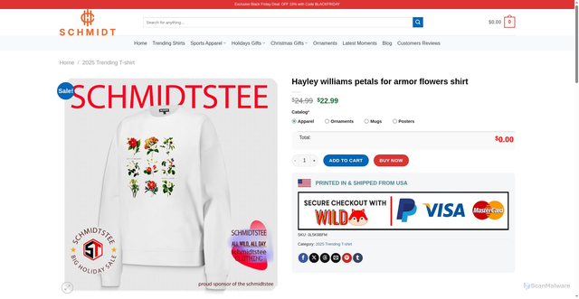 Security scan screenshot of https://schmidtstee.com/product/hayley-williams-petals-for-armor-flowers-shirt/
