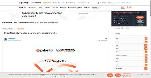 Security scan screenshot of https://live.paloaltonetworks.com/t5/community-blogs/cybersecurity-tips-for-a-safer-online-experience/ba-p/382680