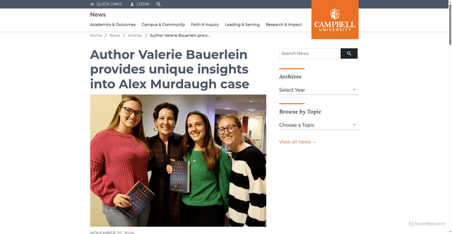 Security scan screenshot of https://news.campbell.edu/articles/author-valerie-bauerlein-speaks-at-craven-everett-inn-of-court-about-alex-murdaugh-case/