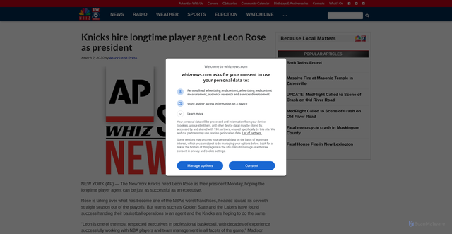 Security scan screenshot of https://www.whiznews.com/knicks-hire-longtime-player-agent-leon-rose-as-president/