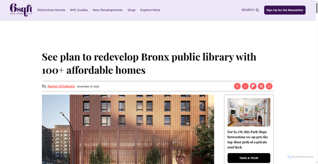 Security scan screenshot of https://www.6sqft.com/see-plan-to-redevelop-bronx-public-library-with-100-affordable-homes/