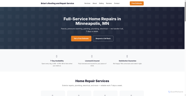 Security scan screenshot of http://brians-roofing-and-repair-service-mn.pages.dev/