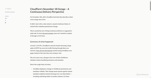 Security scan screenshot of https://website-1ii.pages.dev/signals/cloudflare-november-18-outage-continuous-delivery-perspective