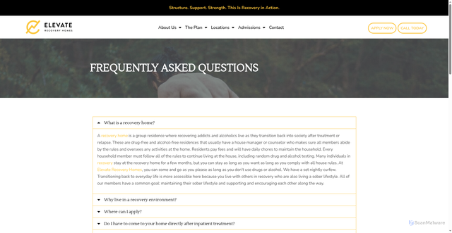 Security scan screenshot of https://elevaterecoveryhomes.com/faqs/