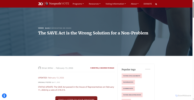 Security scan screenshot of https://www.nonprofitvote.org/reject-save-act/