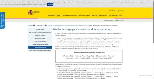 Security scan screenshot of https://www.sanidad.gob.es/areas/sanidadAmbiental/riesgosAmbientales/calorExtremo/nivelesRiesgoAltasTemperaturas.htm