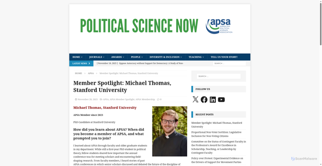 Security scan screenshot of https://politicalsciencenow.com/member-spotlight-michael-thomas-stanford-university/