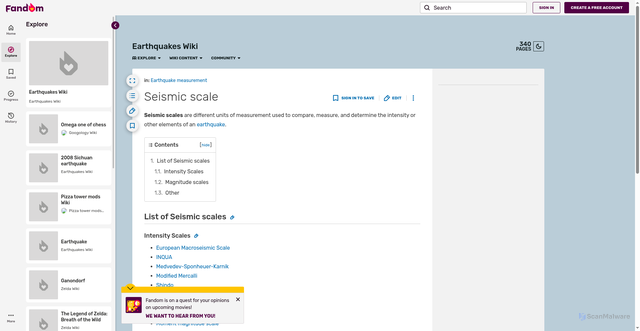 Security scan screenshot of https://earthquakes.fandom.com/wiki/Seismic_scale