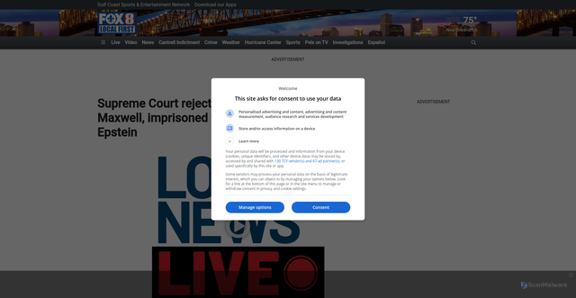 Security scan screenshot of https://www.fox8live.com/2025/10/06/supreme-court-rejects-appeal-ghislaine-maxwell-imprisoned-former-girlfriend-jeffrey-epstein/