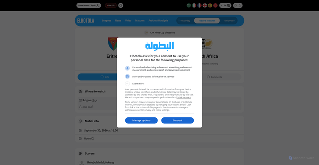 Security scan screenshot of https://www.elbotola.com/en/analytics/match/n54qllhnv0jwqvy/