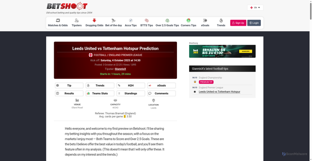 Security scan screenshot of https://www.betshoot.com/football/19427521-Leeds-United-vs-Tottenham-Hotspur-prediction/