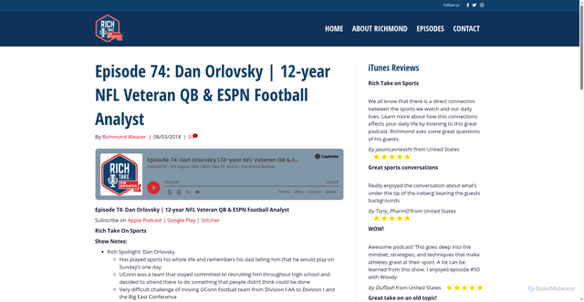 Security scan screenshot of https://richtakeonsports.com/captivate-podcast/episode-74-dan-orlovsky-12-year-nfl-veteran-qb-espn-football-analyst/
