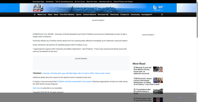 Security scan screenshot of https://www.wcjb.com/2025/10/22/university-florida-baseball-coach-announces-leave-absence-due-personal-matters/