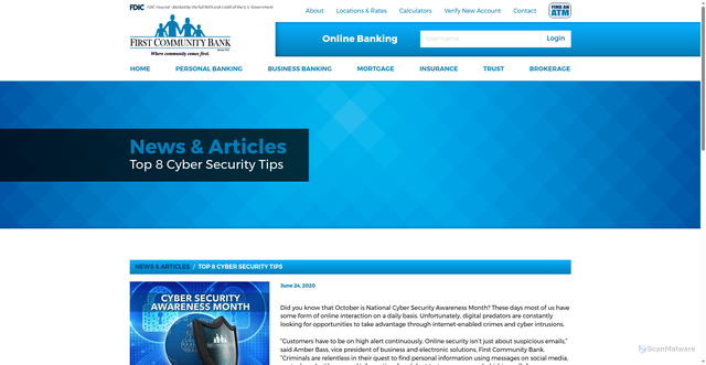 Security scan screenshot of https://firstcommunity.net/news-and-articles/top-8-cyber-security-tips/