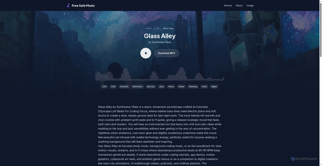 Security scan screenshot of https://freesafemusic.pages.dev/tracks/glass-alley/