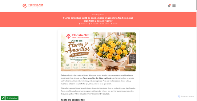 Security scan screenshot of https://www.florista.net/shop/blog/flores-amarillas-21-de-septiembre?srsltid=AU7gw4WZQK3fN5miQtgX37EtldR8uQkgtWTw3WVBqjOSU2doWbfHnc9D