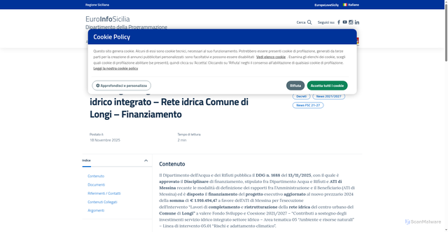 Security scan screenshot of https://www.euroinfosicilia.it/fsc-2021-2027-contributi-a-sostegno-degli-investimenti-servizio-idrico-integrato-linea-05-01-rete-idrica-comune-di-longi/