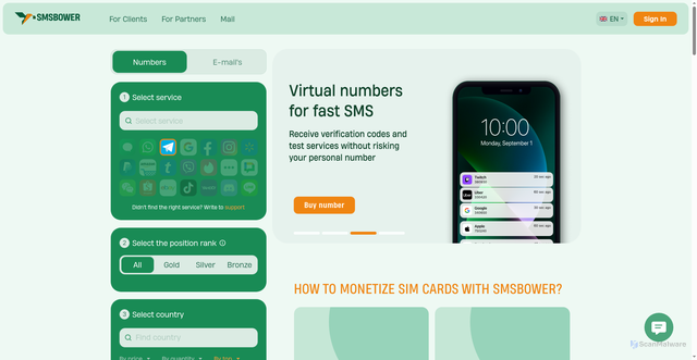Security scan screenshot of https://smsbower.org