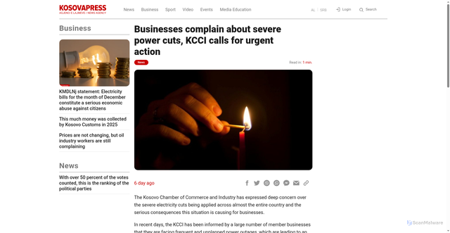 Security scan screenshot of https://kosovapress.com/eng/businesses-complain-about-severe-power-cuts-kcci-calls-for-urgent-action