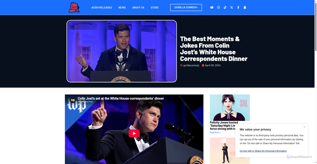 Security scan screenshot of https://800poundgorillamedia.com/colin-jost-white-house-correspondents-dinner-best-moments-jokes/?srsltid=AU7gw4VkwZGWGr_8IWOSAm4HIj_n1-sfFJNBNaYmMILiKF698r_DXMUg