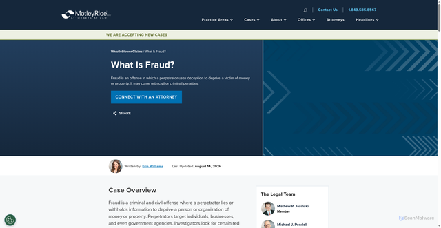 Security scan screenshot of https://www.motleyrice.com/whistleblower/what-is-fraud