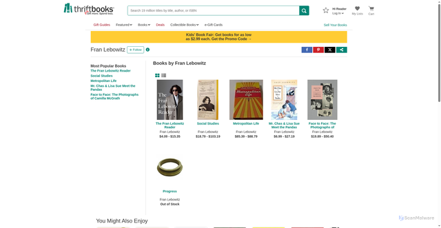 Security scan screenshot of https://www.thriftbooks.com/a/fran-lebowitz/1721473/?srsltid=AfmBOoq6gHv9pMM03lpz2XV2xEYyGc5dL_01S4CDkapJW0fiksfP3CZo