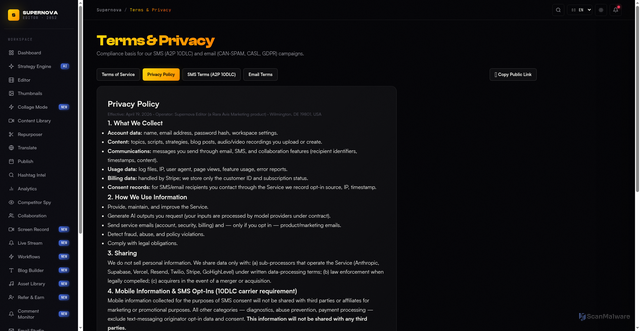 Security scan screenshot of https://supernovaeditor.com/?view=privacy