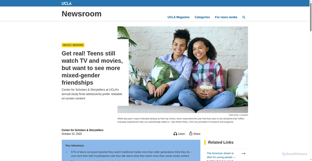 Security scan screenshot of https://newsroom.ucla.edu/releases/teens-screens-traditional-media-friendship-storylines-center-scholars-storytellers