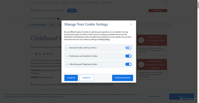 Security scan screenshot of https://ysph.yale.edu/research/information-sheets/childhood-vaccinations/