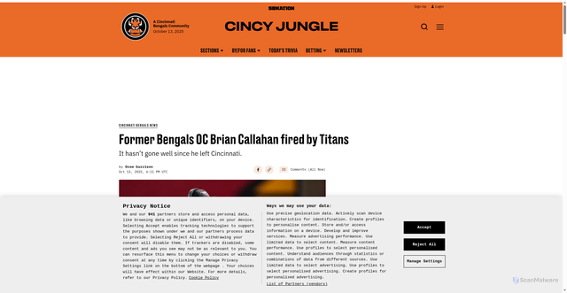 Security scan screenshot of https://www.cincyjungle.com/cincinnati-bengals-news/177369/brian-callahan-fired-titans-former-bengals-oc