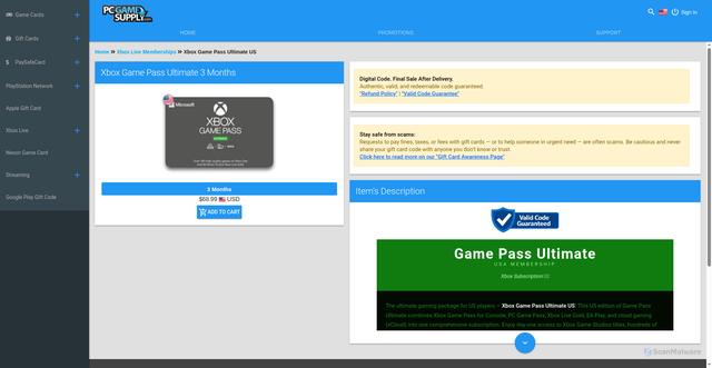 Security scan screenshot of https://www.pcgamesupply.com/Xbox-Game-Pass-Ultimate/US/?srsltid=AfmBOoq97reXmSddmOsS-EkhnkH5OZL5oxWi0tzOIYxMz8hrW6i4wYgq