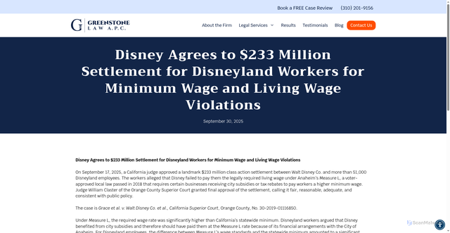 Security scan screenshot of https://www.greenstonelaw.com/disney-agrees-to-233-million-settlement-for-disneyland-workers-for-minimum-wage-and-living-wage-violations/
