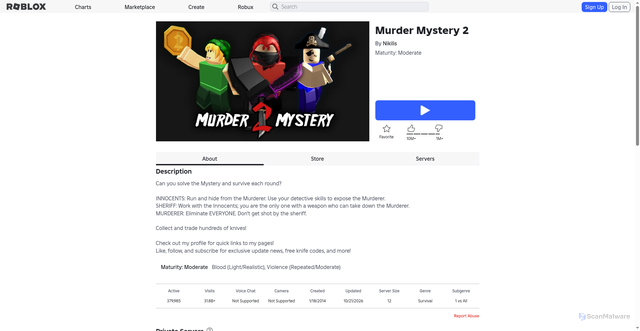 Security scan screenshot of https://www.roblox.rw/games/142823291/Murder-Mystery-2?privateServerLinkCode=60869683094735370675006673192210
