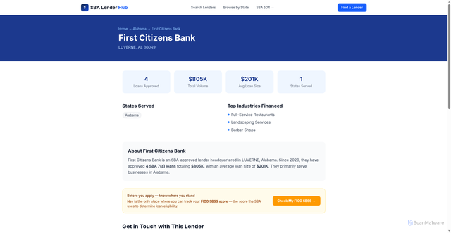 Security scan screenshot of https://sbalenderhub.com/lenders/first-citizens-bank-al
